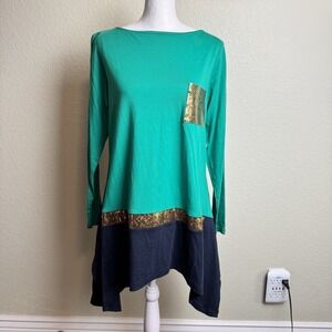 DG2 Diane Gilman Green and Blue Women's Top Tunic Gold Sequin Size S Long Sleeve